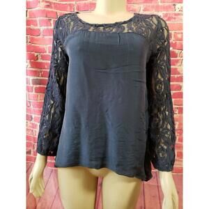 Piazza Roma Italy Blue Long Sleeve Lace on shoulder Silk Blouse Top Size S